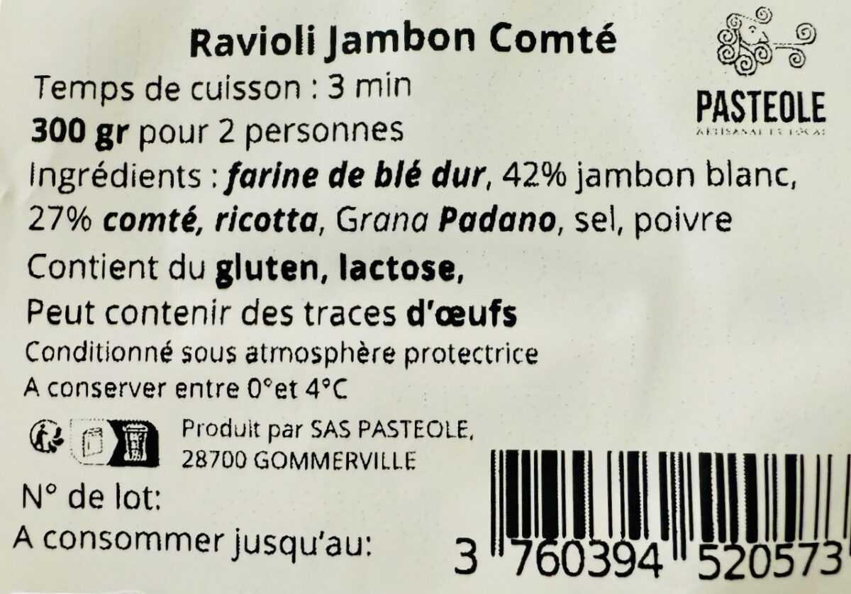 LES PÂTES FRAÎCHES "RAVIOLI JAMBON BLANC COMTÉ" PASTEOLE – Image 2