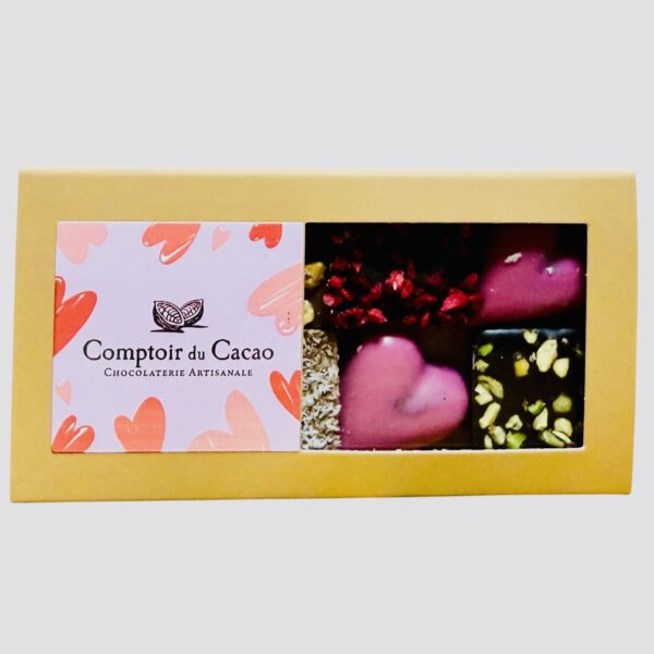 MINI ÉTUI COEUR ET ASSORTIMENT PRALINÉ FEUILLETÉ "COMPTOIR DU CACAO"
