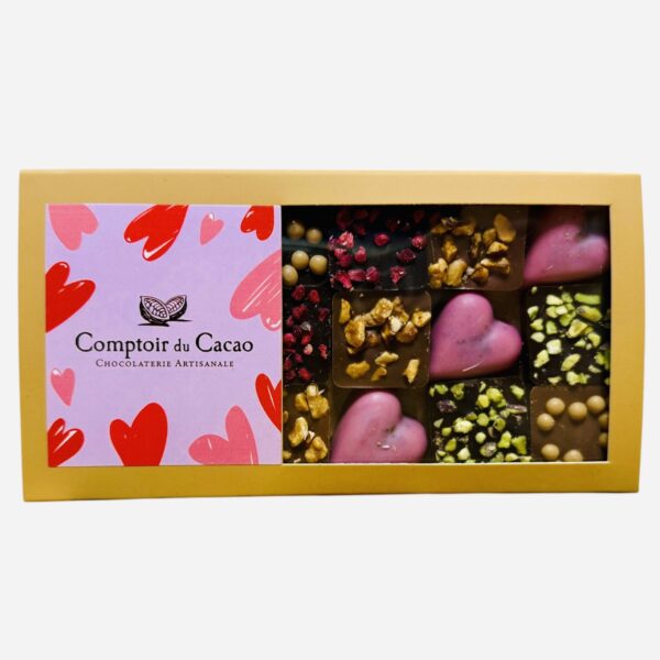 ÉTUI COEUR ET ASSORTIMENT PRALINÉ FEUILLETÉ "COMPTOIR DU CACAO"